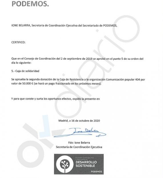 Acuerdo firmado por Ione Belarra para desviar 50.000 euros de la Caja B de Podemos a la productora Comunicación Popular #404.