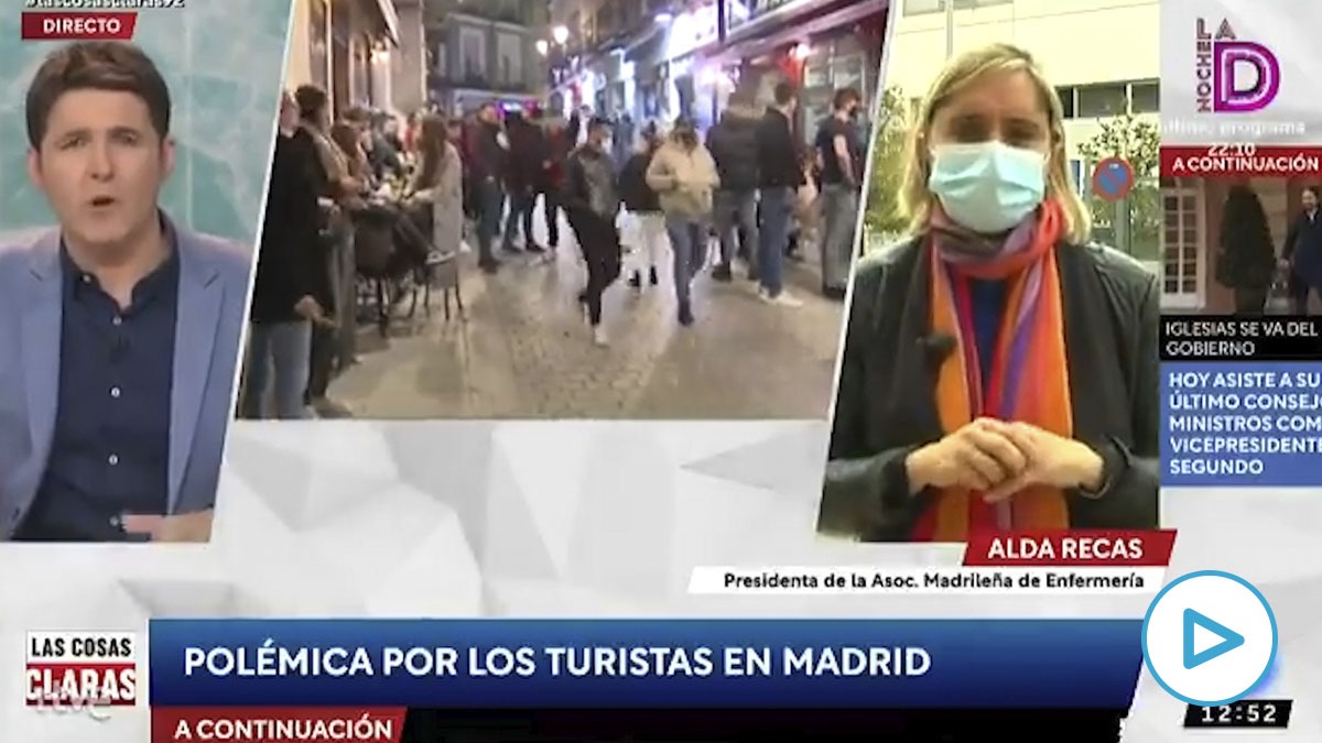 Alda Recas, activista de Más Madrid, entrevistada en TVE como presidenta de la Asociación Madrileña de Enfermería (AME).