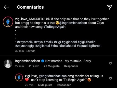 Mención en Instagram sobre Zayn Malik y Gigi Hadid