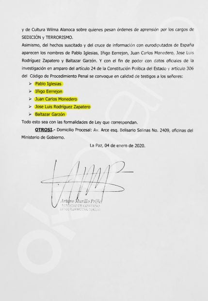 Carta enviada por el ministro del Interior de Bolivia a la Fiscalía para que cite como testigos a Pablo Iglesias y a Juan Carlos Monedero entre otros.
