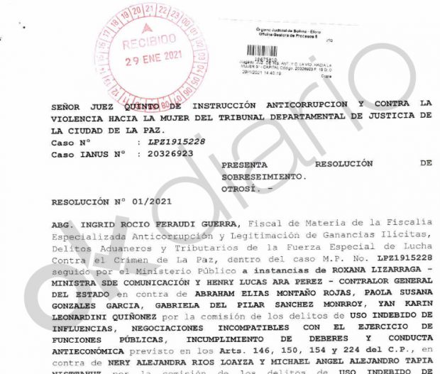 Escrito de la Fiscalía de Bolivia por el cual se archiva el 'caso Neurona'.