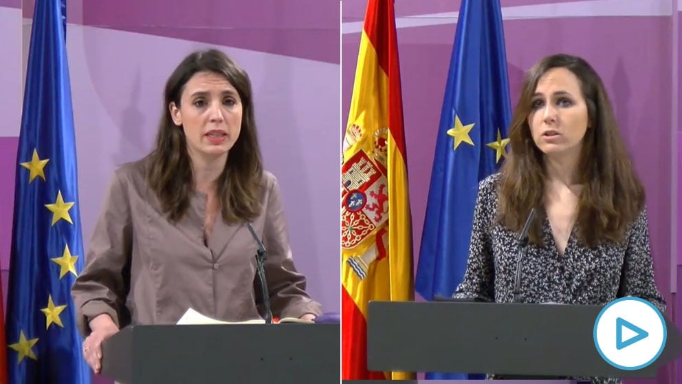 Las ministras Irene Montero e Ione Belarra este miércoles en rueda de prensa telemática.