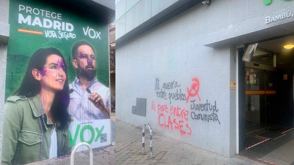 Los comunistas atacan la sede de Vox: «Ni guerra entre pueblos ni paz entre clases»