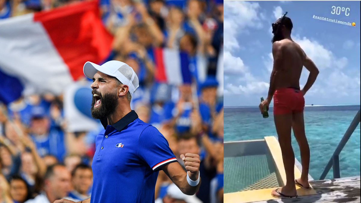 A la izquierda, Benoit Paire durante la Copa Davis 2019 con Francia; a la derecha, publicación del tenista en las redes sociales (AFP/ Twitter)