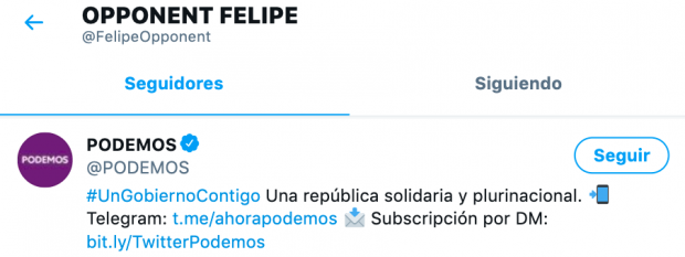 La cuenta de Podemos en Twitter sigue al usuario que desea asesinar a Inda. 