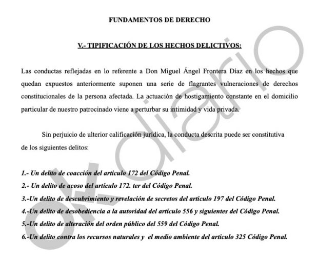 Delitos que los abogados de Pablo Iglesias atribuyen a Miguel Frontera.