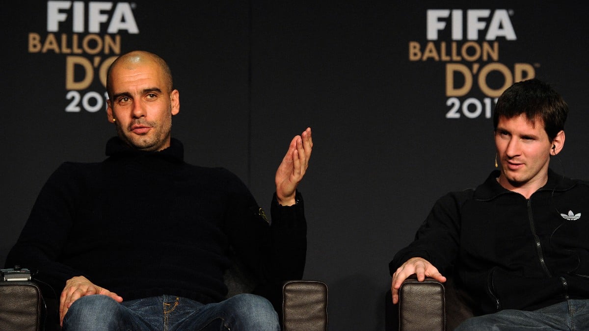 Guardiola, en rueda de prensa con Messi. (AFP)