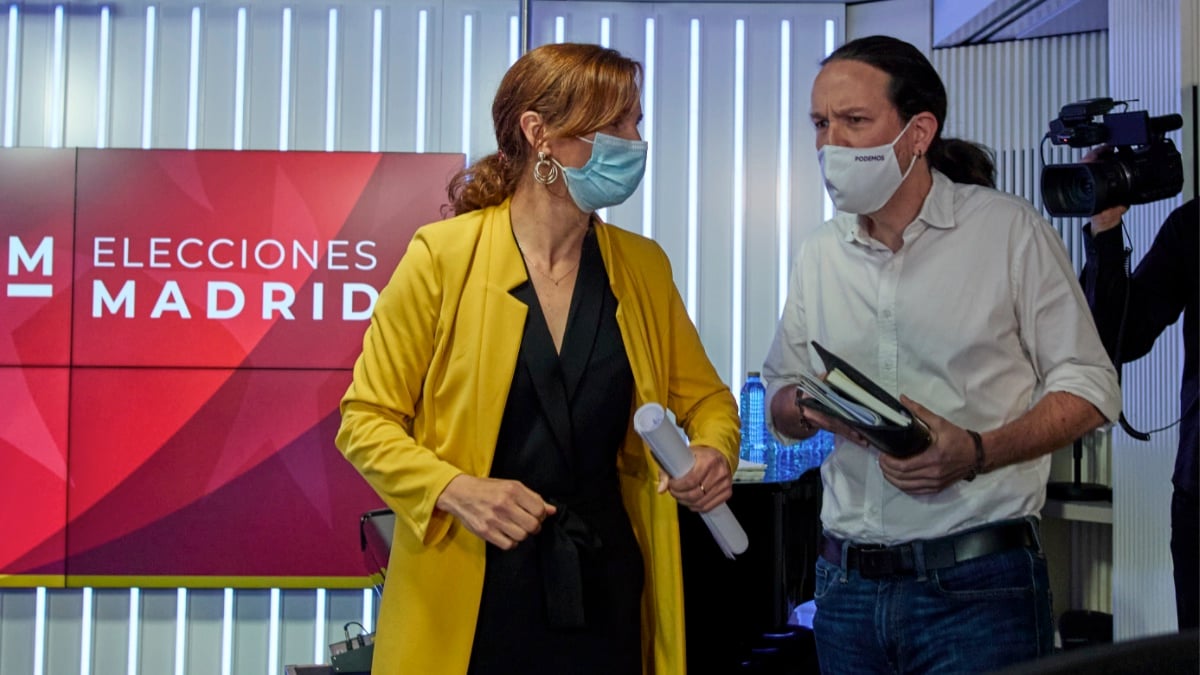 Mónica García (Más Madrid) y Pablo Iglesias (Podemos). (Foto: Jesús Hellín – Europa Press)