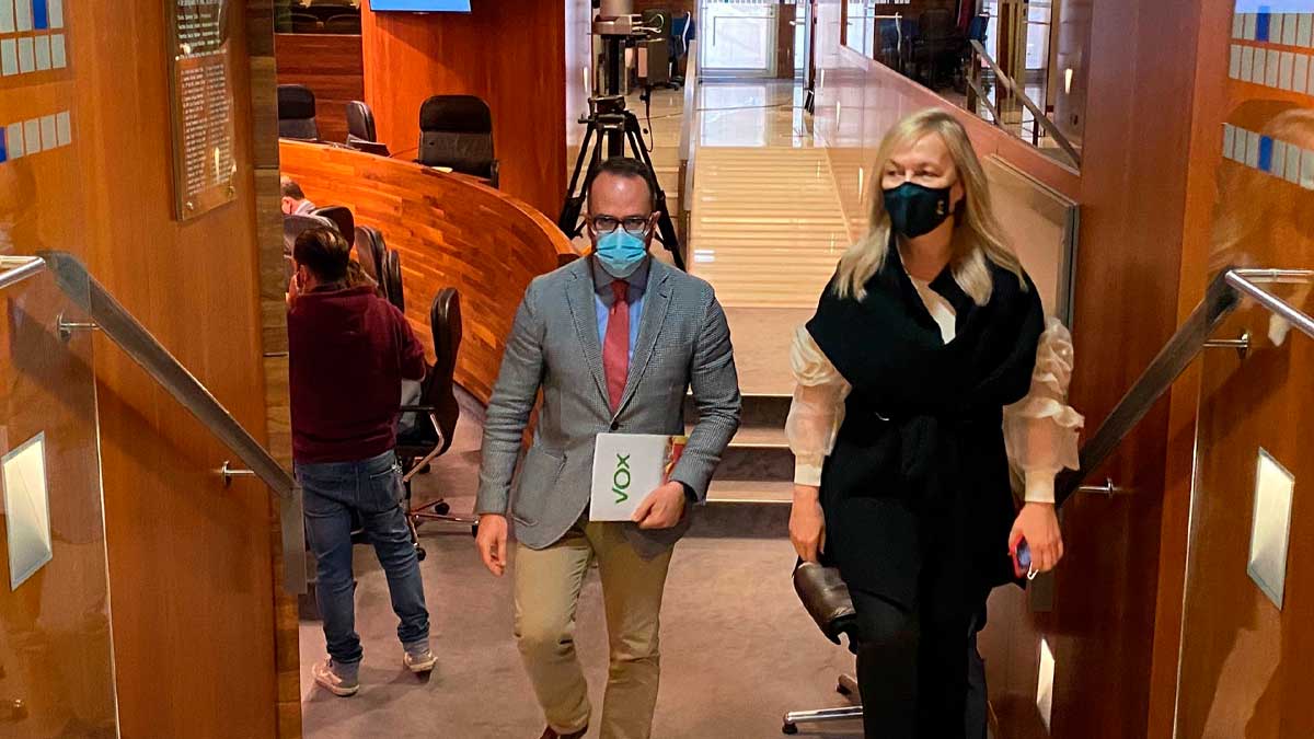 Los diputados de Vox, Ignacio Blanco y Sara Álvarez, abandonan el hemiciclo en protesta por las intervenciones en asturiano. Foto: EP