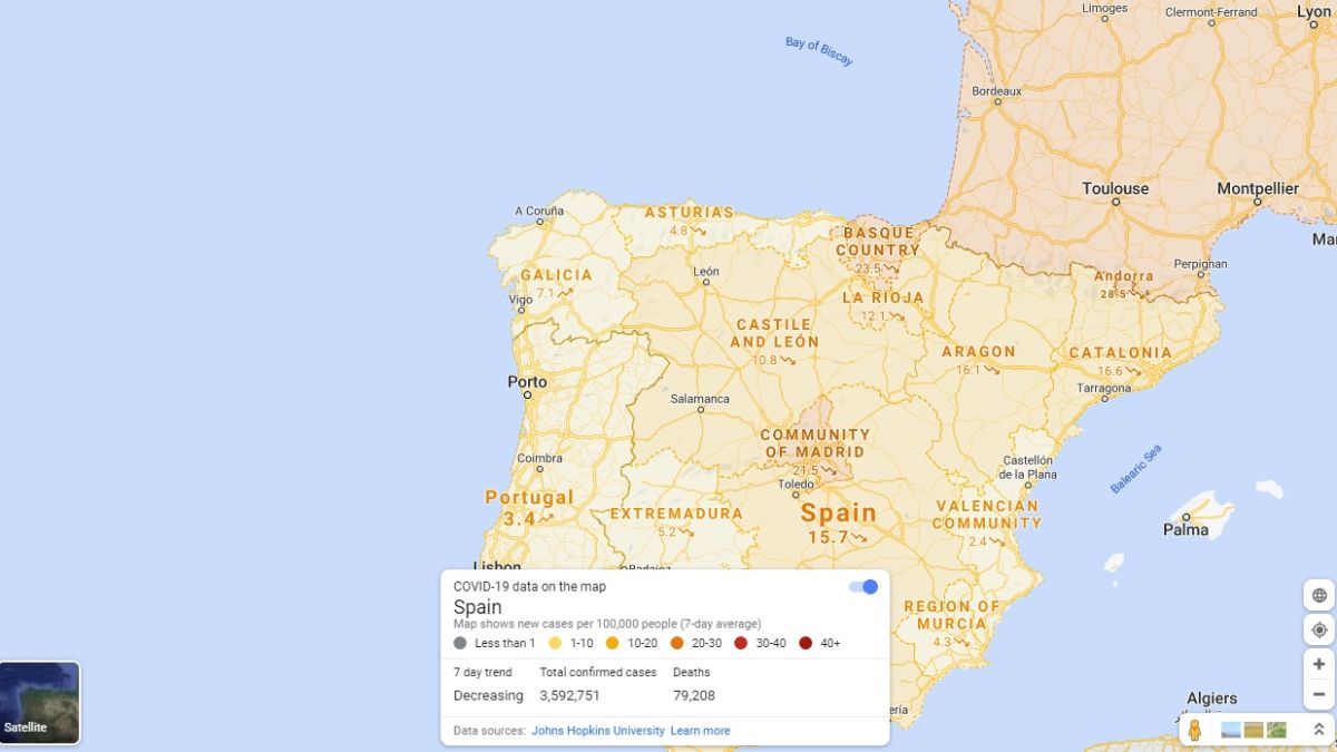 Google Maps nos permite consultar los casos de Covid-19 en el mundo
