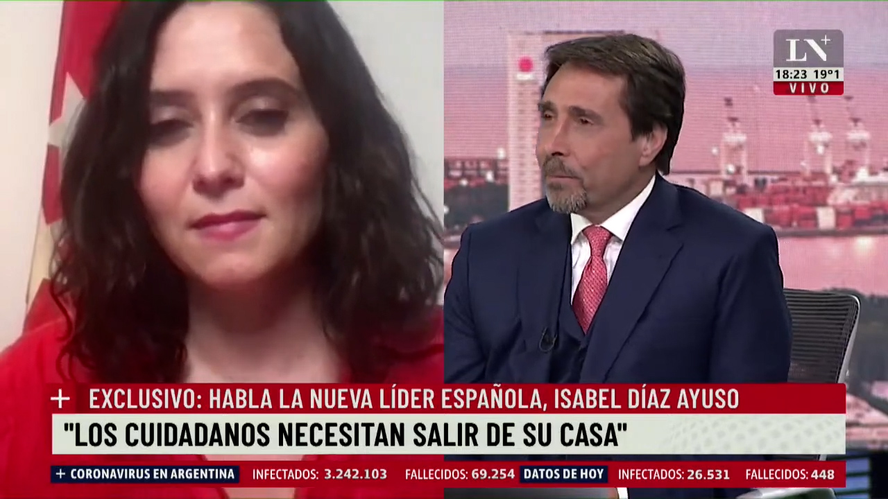 Entrevista a Isabel Díaz Ayuso en el canal de televisión argentino La Nación.