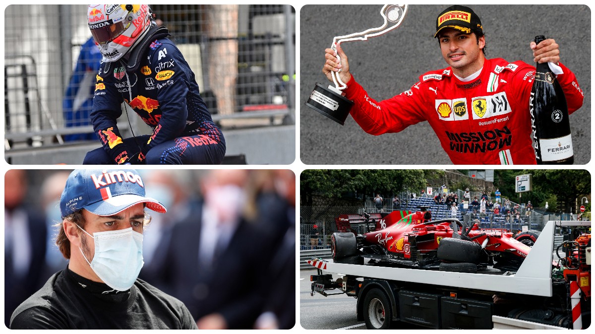 Max Verstappen, Carlos Sainz, Fernando Alonso y Leclerc. (AFP)