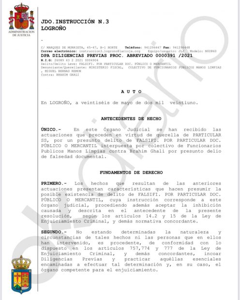 Un juez de Logroño ya investigaba a Ghali por falsedad documental mientras Pedraz permitía su salida