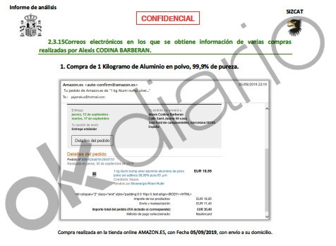 Informe de la Guardia Civil en el que se refleja una factura por la compra de aluminio en polvo requisada a Alexis Codina.