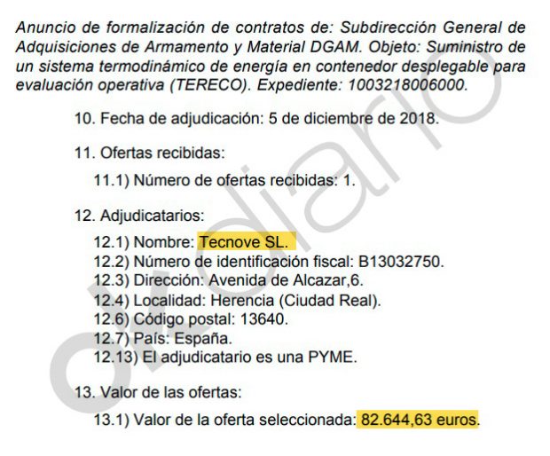 Adjudicación de 82.644,63 euros a Tecnove SL.
