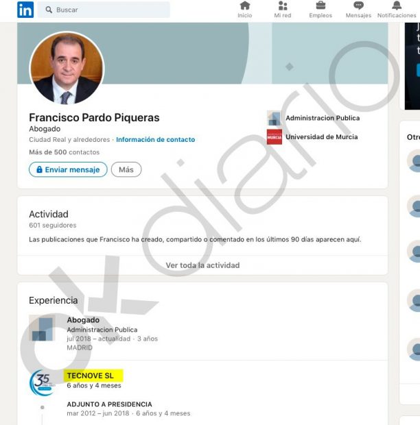 Francisco Pardo Piqueras reconoce en Linkedln que sí fue vicepresidente de Tecnove SL durante seis años. 