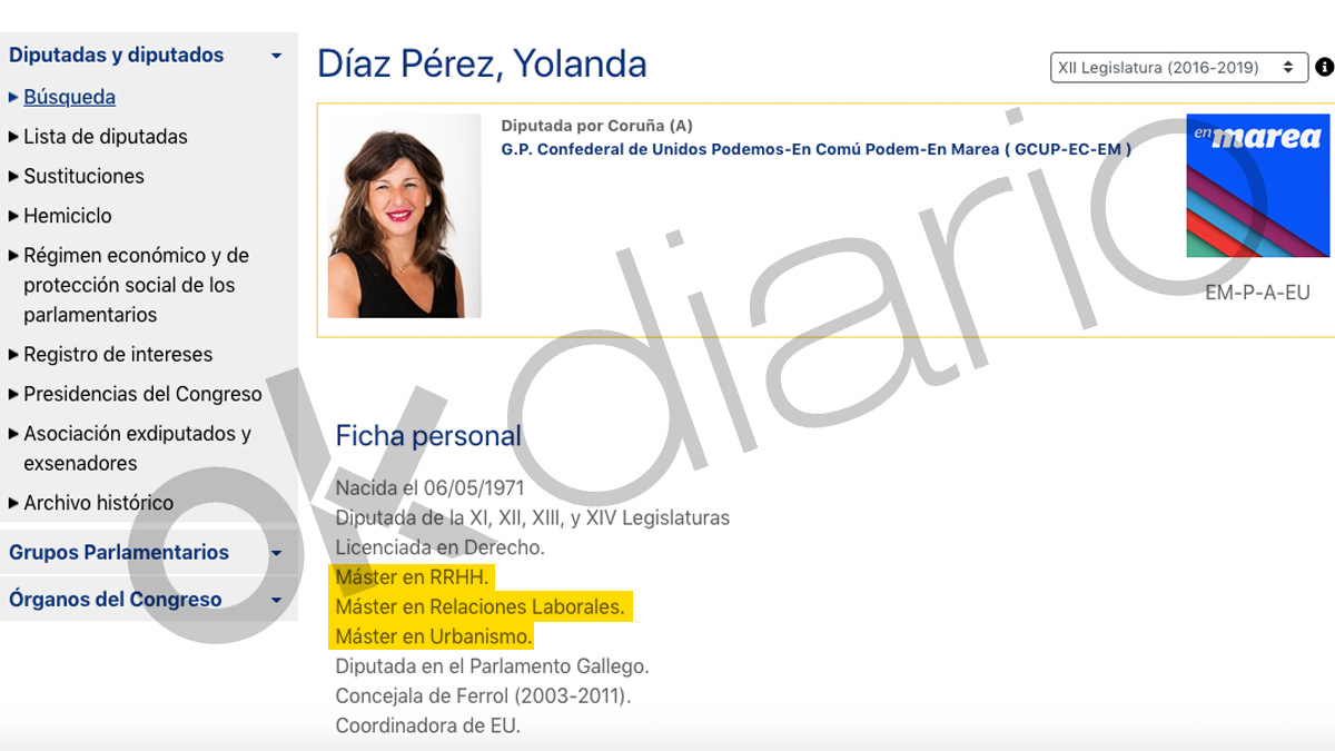 Ficha parlamentaria de Yolanda Díaz en la XII legislatura con los másters falsos.