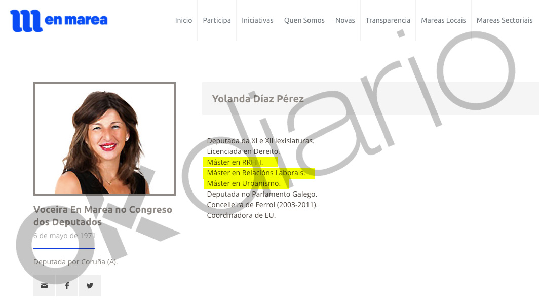 Página web de En Marea con los másters falsos de Yolanda Díaz.