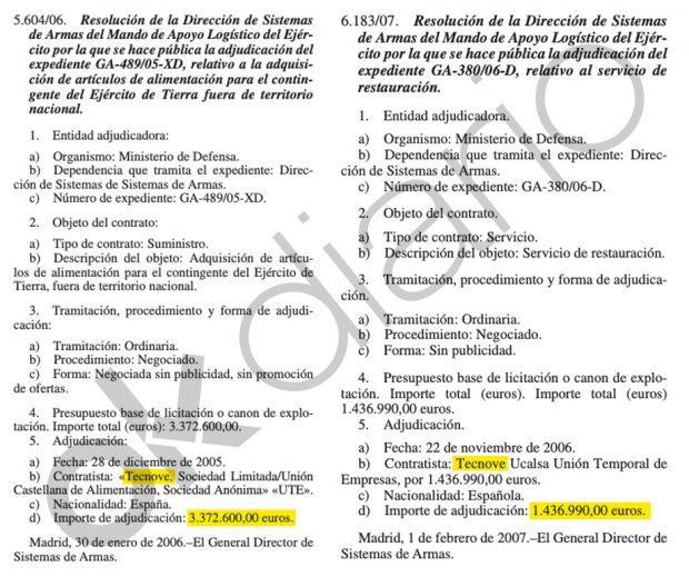 Contratos adjudicados a Tecnove SL siendo Pardo Piqueras secretario de Estado de Defensa.