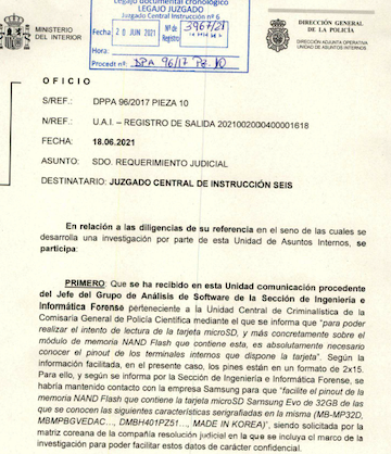 Oficio de la Policía Científica dirigido al juez del 'caso Dina'.