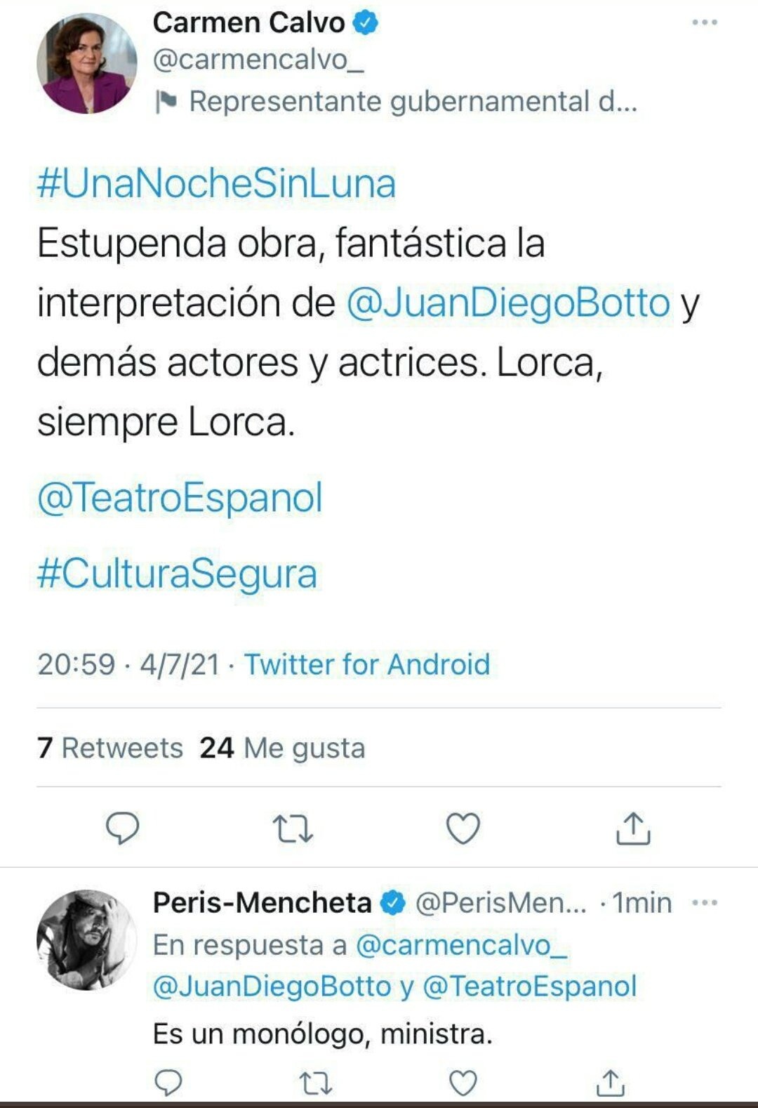 Ridículo de Carmen Calvo: alaba el trabajo de los «actores y actrices» de un ¡¡¡monólogo!!! sobre Lorca