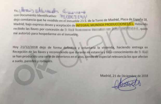 Documento firmado por la supuesta prostituta. 
