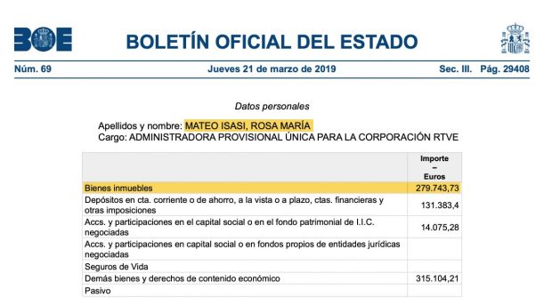 Declaración de bienes de Rosa María Mateo. 