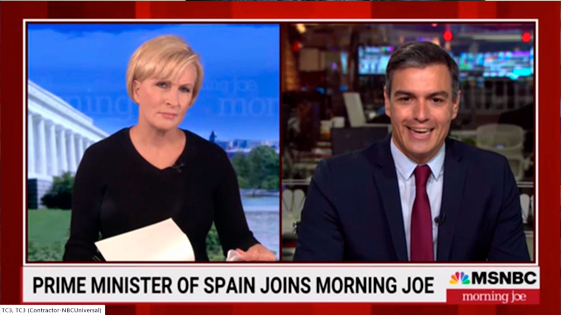 Pedro Sánchez durante la entrevista en la MSNBC