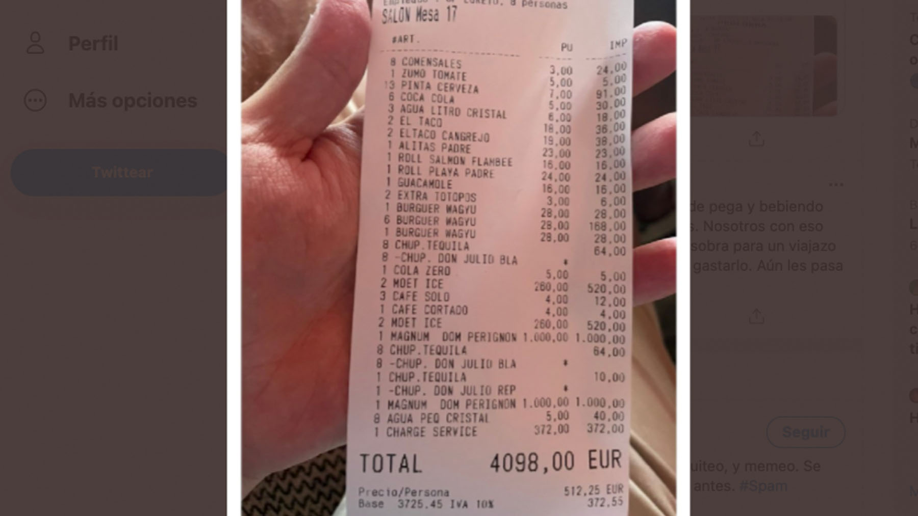 Detalle de la factura del restaurante de Marbella.