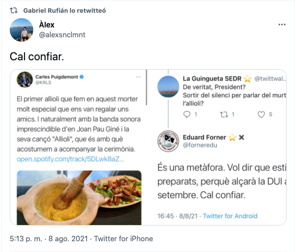 Rufián se burla de Puigdemont por mostrar su receta de alioli: «Toca confiar»
