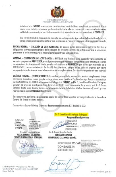 Contrato entre Juan Manuel Corchado y la Fiscalía de Bolivia. 