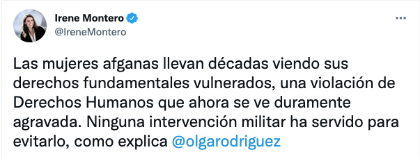 Tuit de Irene Montero sobre la crisis de Afganistán.