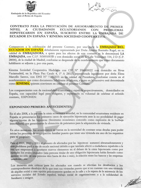 Contrato de 2013 entre la Embajada de Ecuador y la cooperativa Kinema. 
