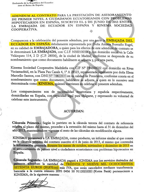 Ampliación del contrato entre la Embajada de Ecuador y la cooperativa Kinema en 2013.