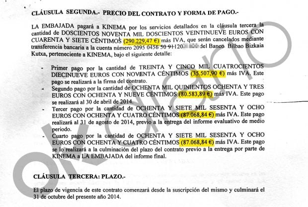 Pagos de la Embajada de Ecuador a la cooperativa Kinema en 2014.