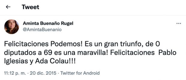 Tuit de apoyo a Pablo Iglesias escrito por Aminta Buenaño. 