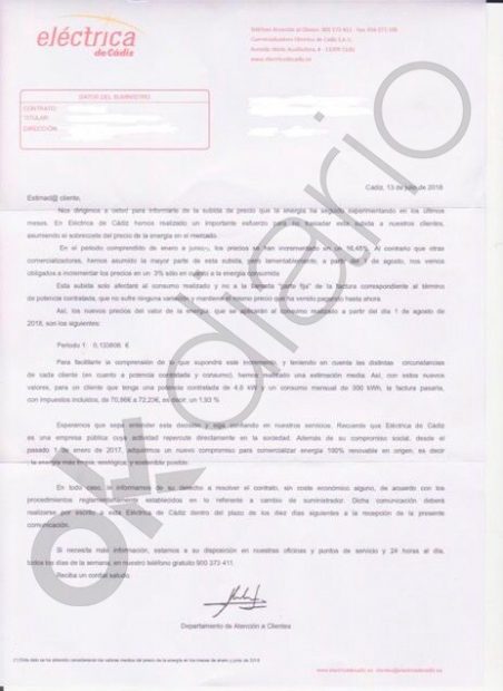 Carta enviada por Eléctrica de Cádiz a sus clientes.