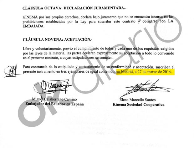Uno de los contratos con Kinema firmados por Miguel Calahorrano, ex embajador de Ecuador en España.