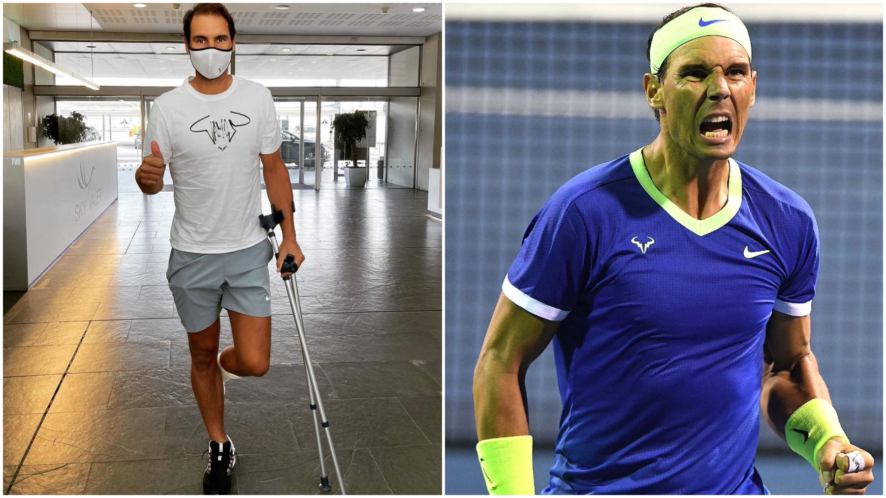 Rafa Nadal, en muletas tras su nuevo tratamiento y en su último partido disputado.