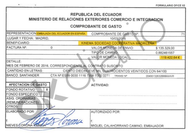Autorización de pago del Ministerio de Exteriores de Ecuador a Kinema de 119.422,54 euros. 