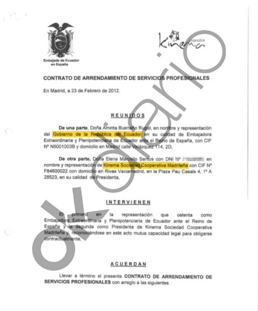 Contrato entre la Embajada de Ecuador en España y Kinema, la cooperativa de Podemos, del año 2012. 