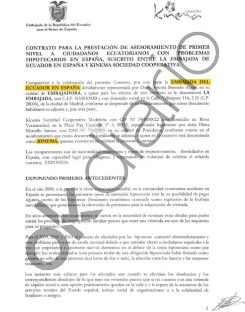 Contrato entre la Embajada de Ecuador en España y Kinema, la cooperativa de Podemos, del año 2013.