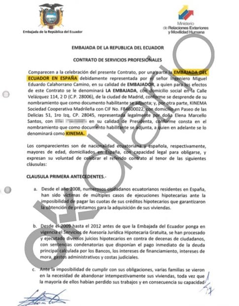 Contrato entre la Embajada de Ecuador en España y Kinema, la cooperativa de Podemos, del año 2015.