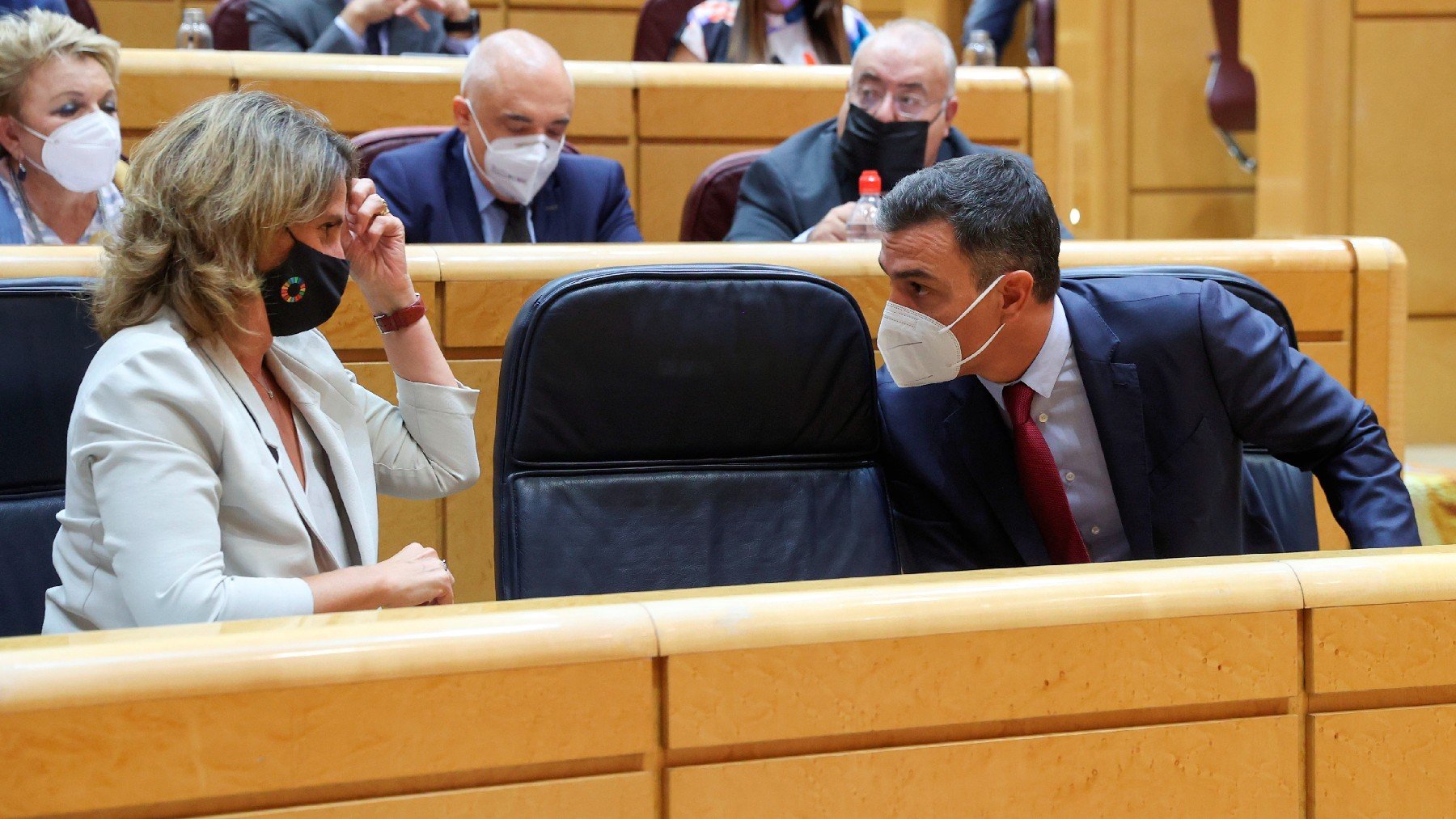 Pedro Sánchez y la ministra de Transición Ecológica, Teresa Ribera, en el Senado. (Foto: EFE)