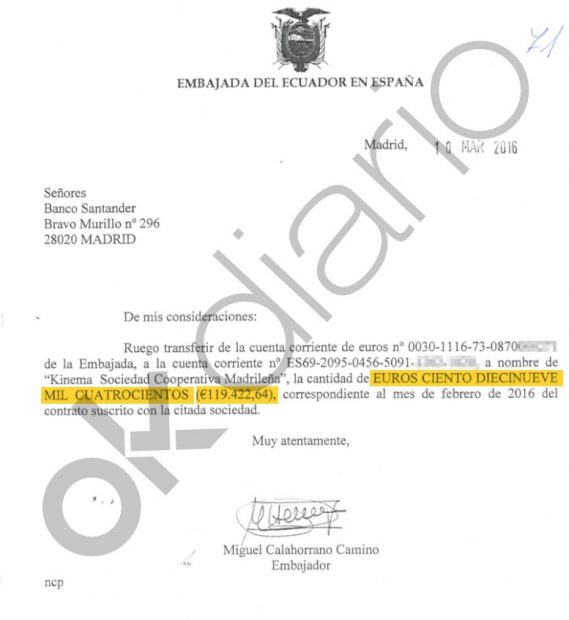 Orden de pago de la Embajada de Ecuador en España a Kinema, la cooperativa de Podemos. 
