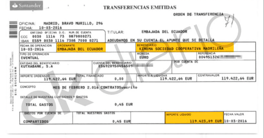Transferencia bancaria de la Embajada de Ecuador en España a Kinema, la cooperativa de Podemos. 