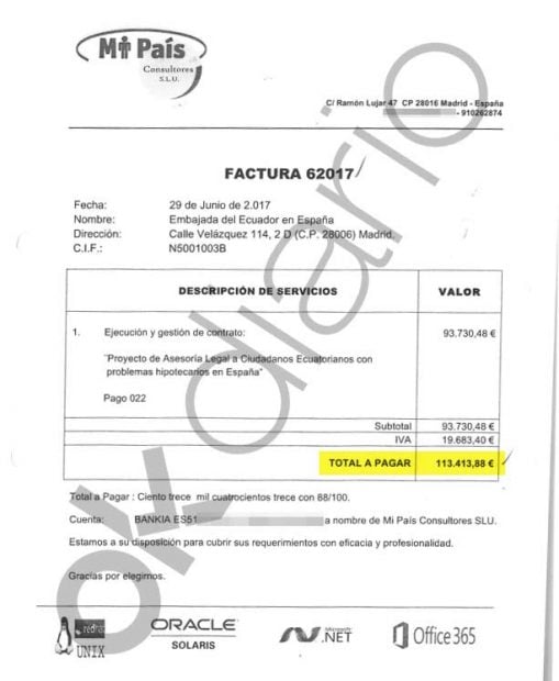 Factura de 113.000 euros emitida por Mi País Consultores SL.