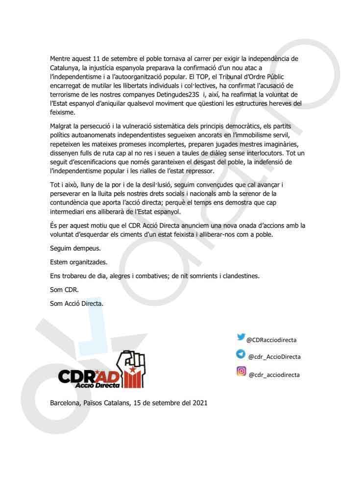 La respuesta de los CDR a la visita de Sánchez a Cataluña: «Habrá acciones contra el Estado fascista»