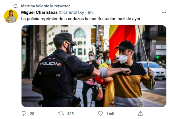 Velarde (Podemos) criminaliza a la Policía difundiendo un bulo en el que supuestamente saludan a nazis