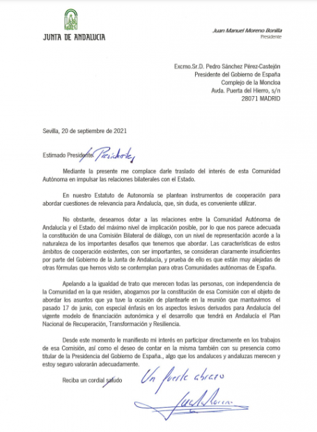Juanma Moreno reclama a Sánchez la constitución de una comisión bilateral de diálogo con Andalucía